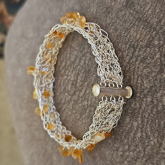 Vintage Sterling Silver Wire Wrapped Birdnest Amber Chip Bracelet - Picture 7 of 9
